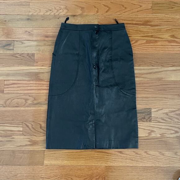 Vintage Leather Midi Skirt Womens 14 Black 80s Mod Retro Classic Modest Length - Picture 2 of 10